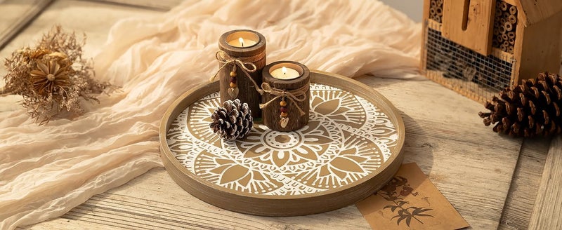 Hanobe Round Decorative Tray for Centerpiece: Boho Coffee Table Trays for Home Decor - Farmhouse Wood Serving Platter Rustic Circle Bohemian for Kitchen Counter Women - Image 3